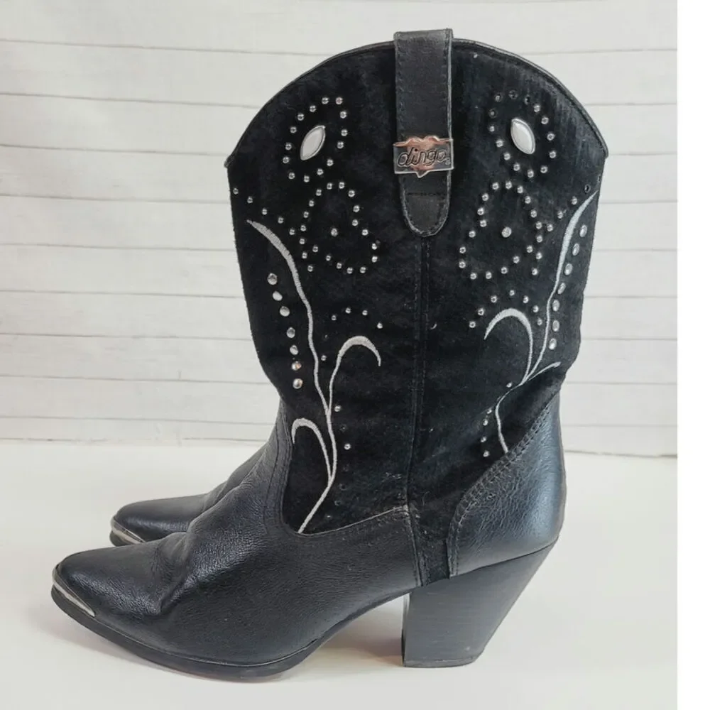 Dingo Ava Studded Western Heeled Boots in Black Suede, sz 10